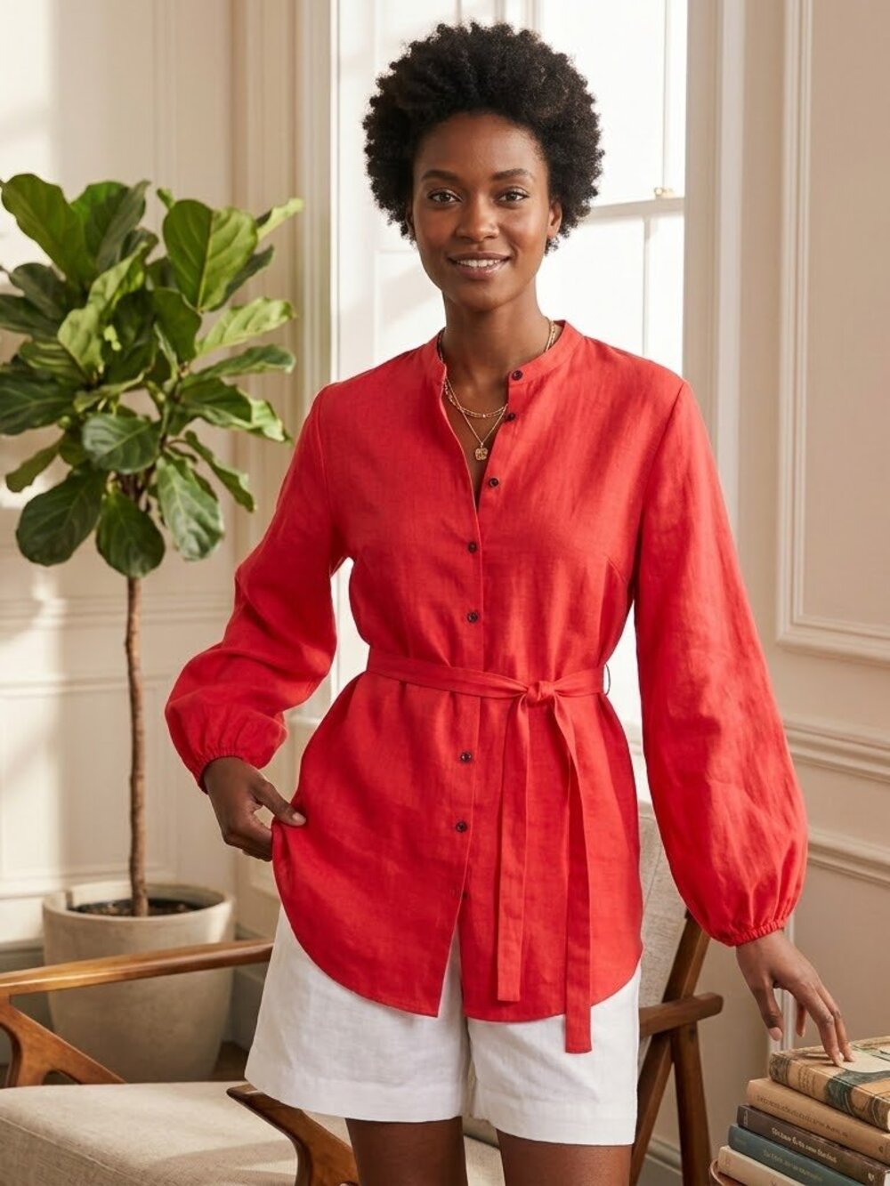 Boden Mandarin orange balloon sleeve linen button down tie waist tunic, sz 6